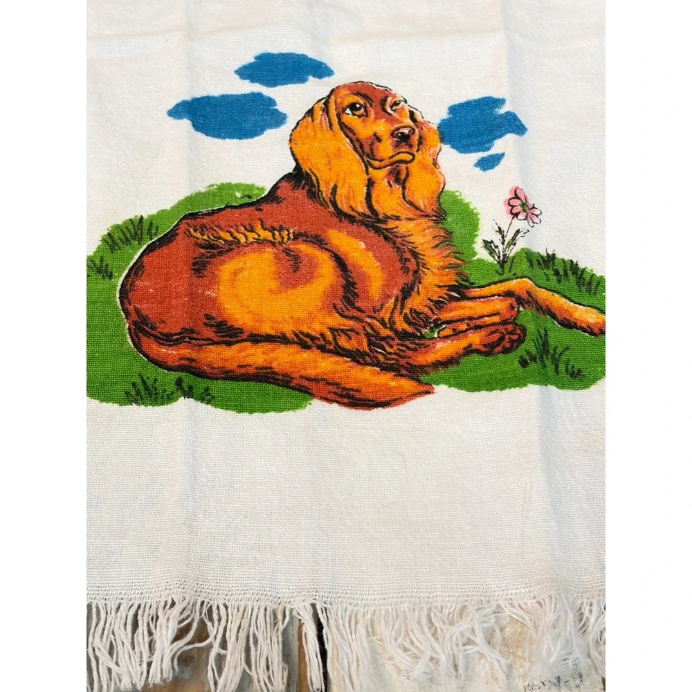 Vintage Golden Retriever Irish Setter Dog Tea Towel Fringed White Kitchen Linen